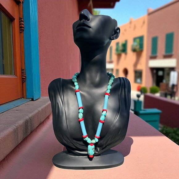 Vintage Native American Turquoise & Coral Beaded Necklace W Center Stone Pendant - Picture 3 of 7